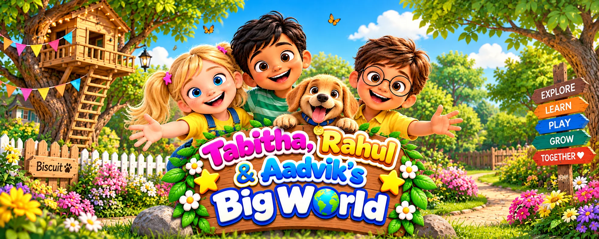 Tabitha, Rahul, Aadvik and their golden puppy Biscuit welcome visitors to Big World in a colorful garden with a treehouse and an Explore, Learn, Play, Grow, Together sign.