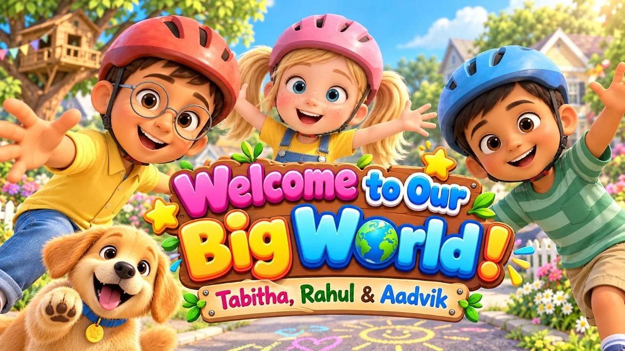 Tabitha, Rahul, Aadvik and Biscuit together in their colorful neighborhood