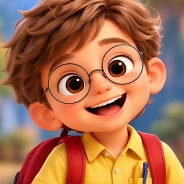 Aadvik, a smiling boy with tousled brown hair, round glasses, a yellow shirt and a red backpack