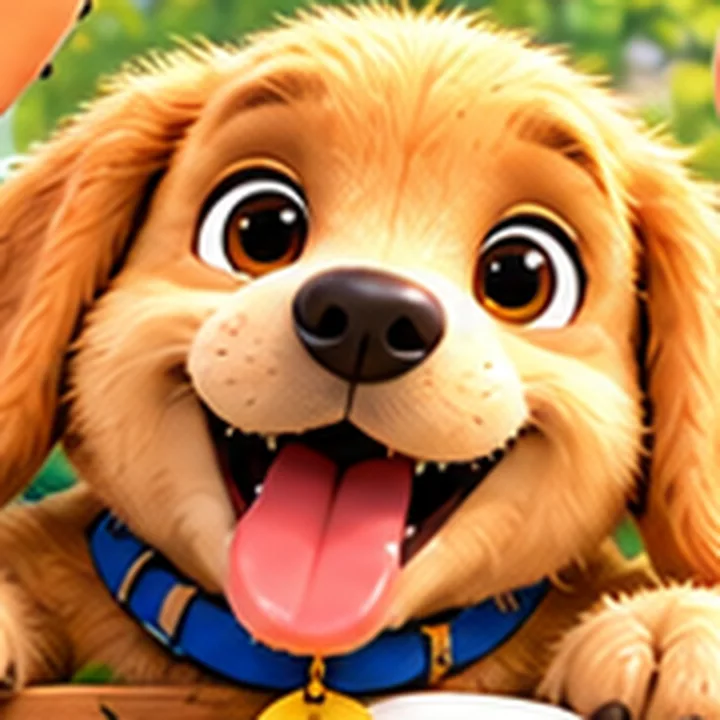 Biscuit, a happy golden puppy with floppy ears and a blue collar