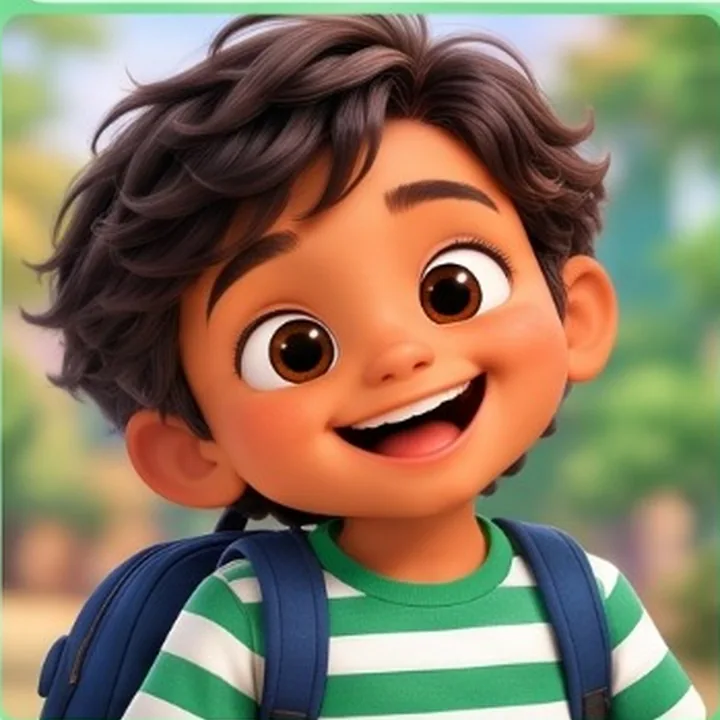 Rahul, a smiling boy with dark brown hair and brown eyes, wearing a green-and-white striped shirt