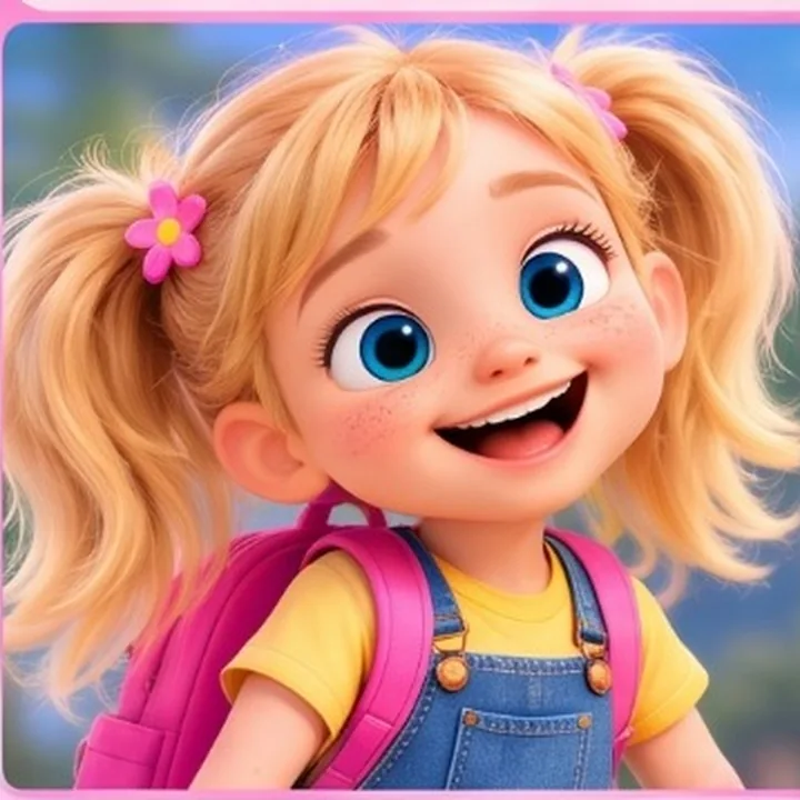 Tabitha, a smiling blonde girl with pigtails, blue eyes, pink flower clips, a yellow shirt and denim overalls