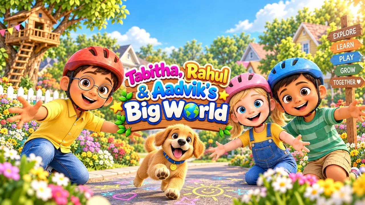 Tabitha, Rahul, Aadvik and Biscuit by the Maple Lane signpost showing explore, learn, play, grow and together