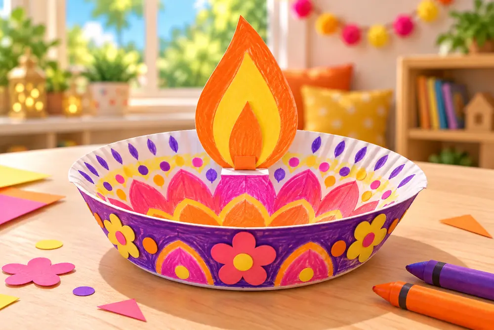 Illustrated finished decorated paper diya with paper flame