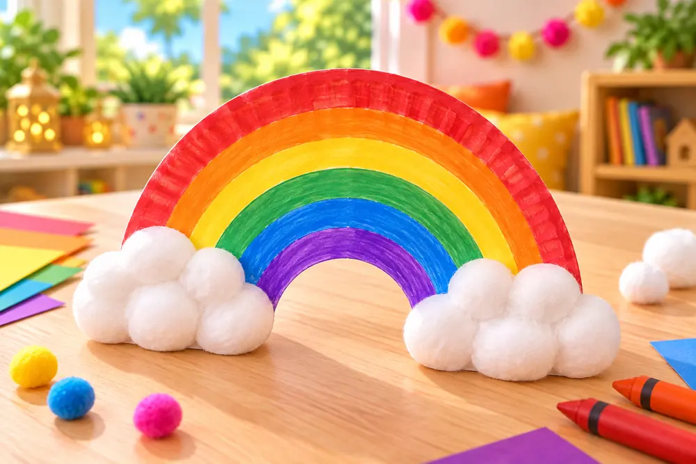 Digital preview of a finished Paper-plate rainbow & clouds