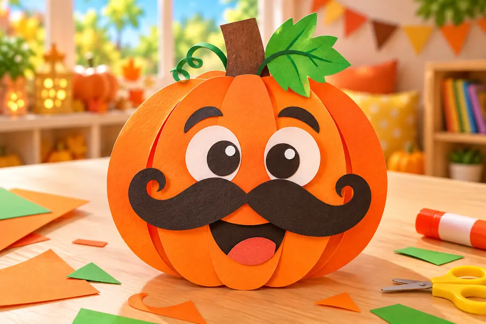 Illustrated finished paper pumpkin with a funny mustache