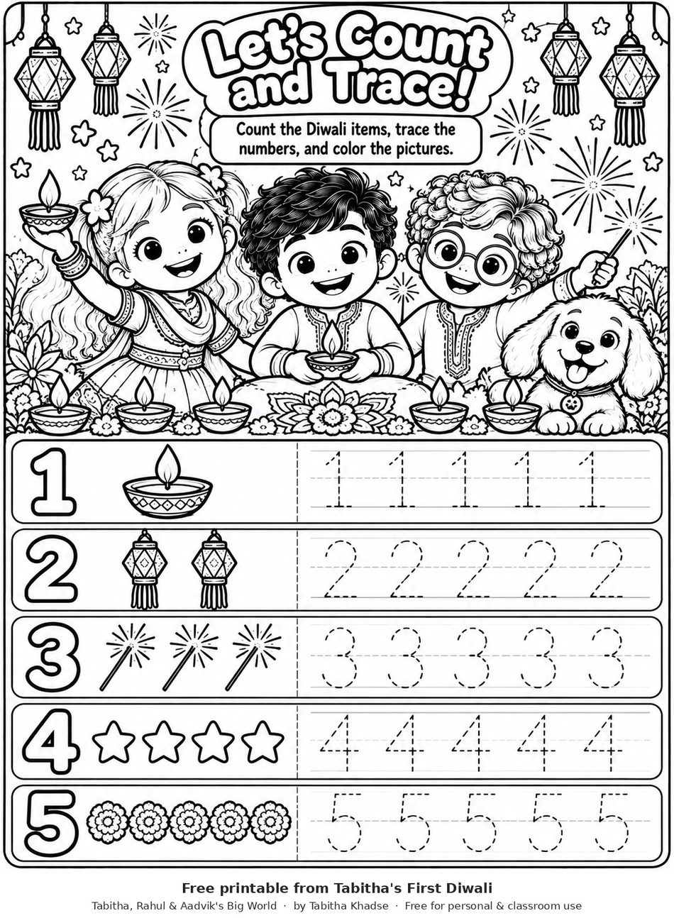 Preview of Diwali Count and Trace Numbers 1-5 worksheet