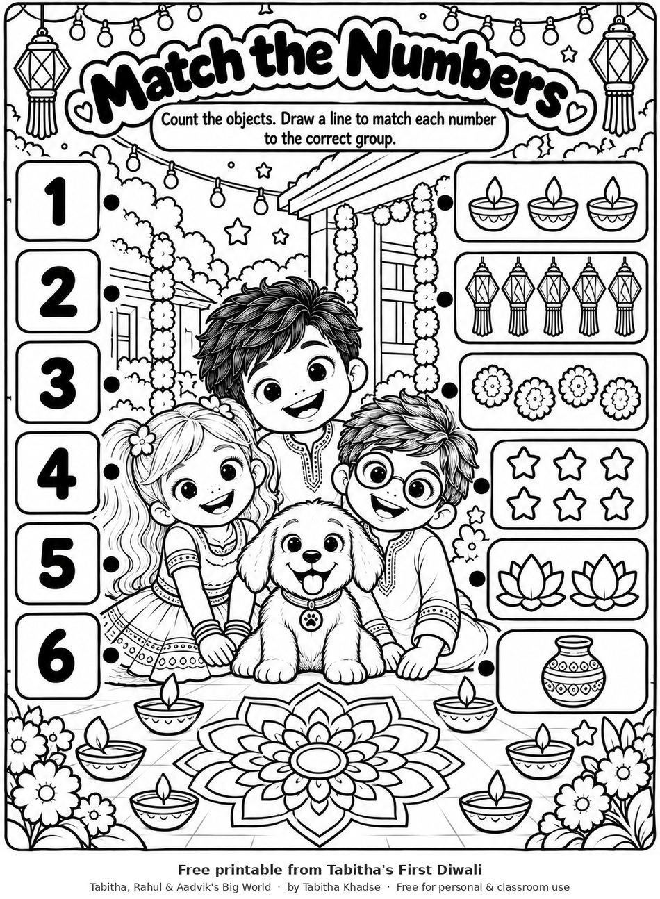Preview of Diwali Match the Numbers 1-6 Worksheet worksheet