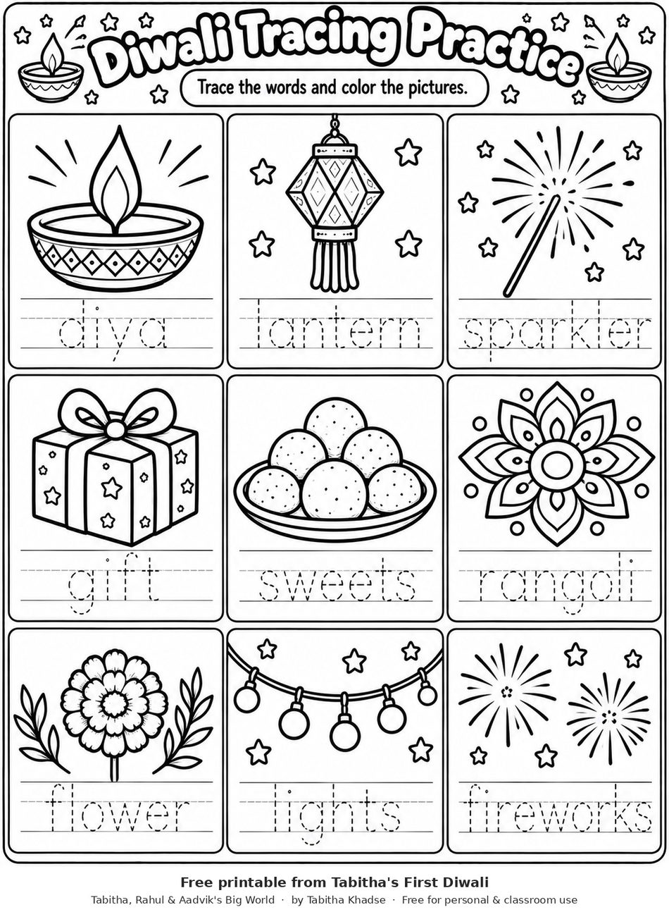 Preview of Diwali Vocabulary Tracing Cards for Kids worksheet