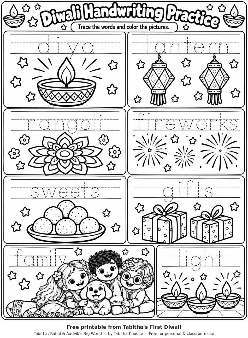 Preview of Diwali Word Tracing and Coloring Page worksheet