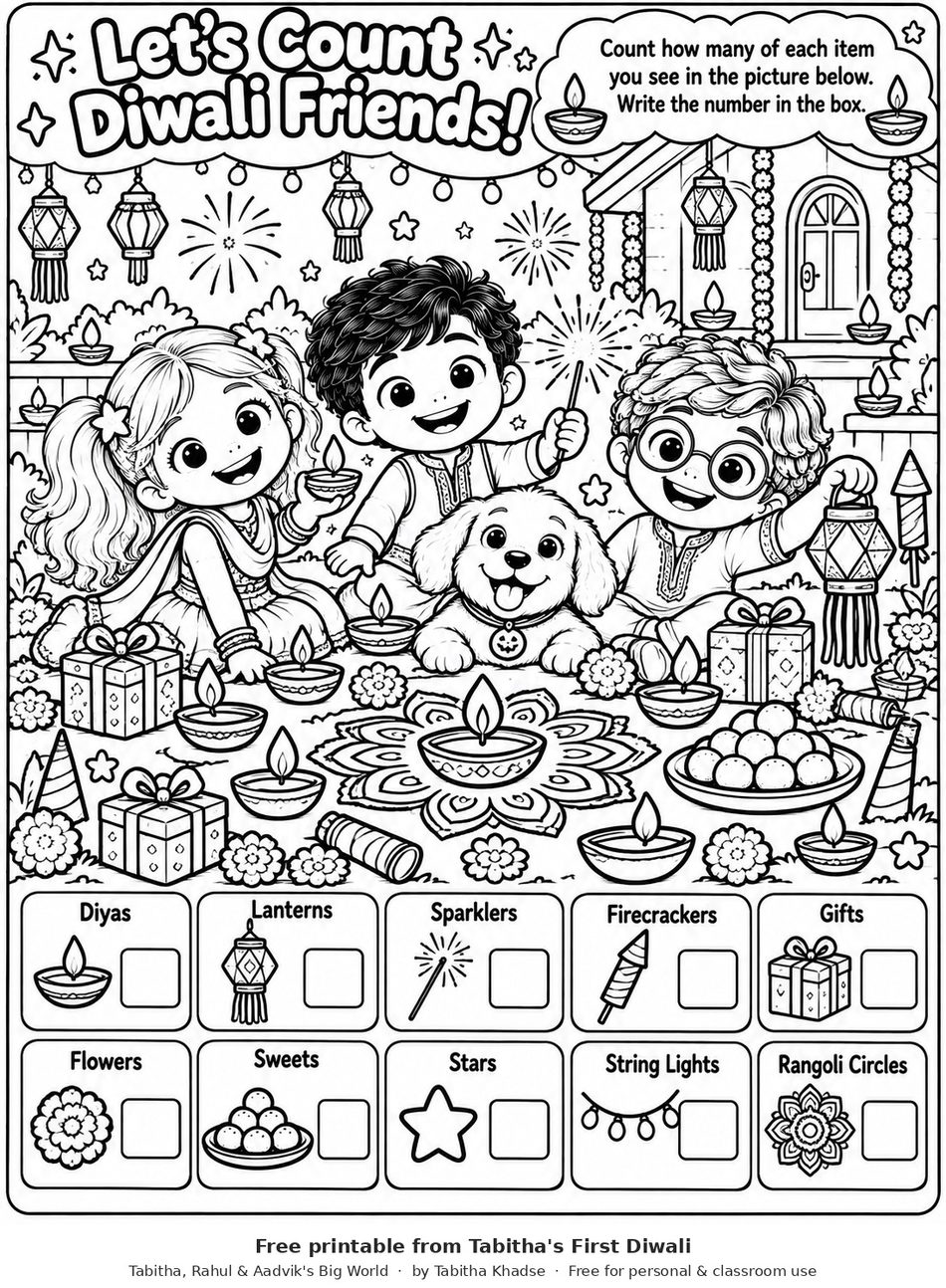 Preview of Let’s Count Diwali Friends - Free Printable worksheet